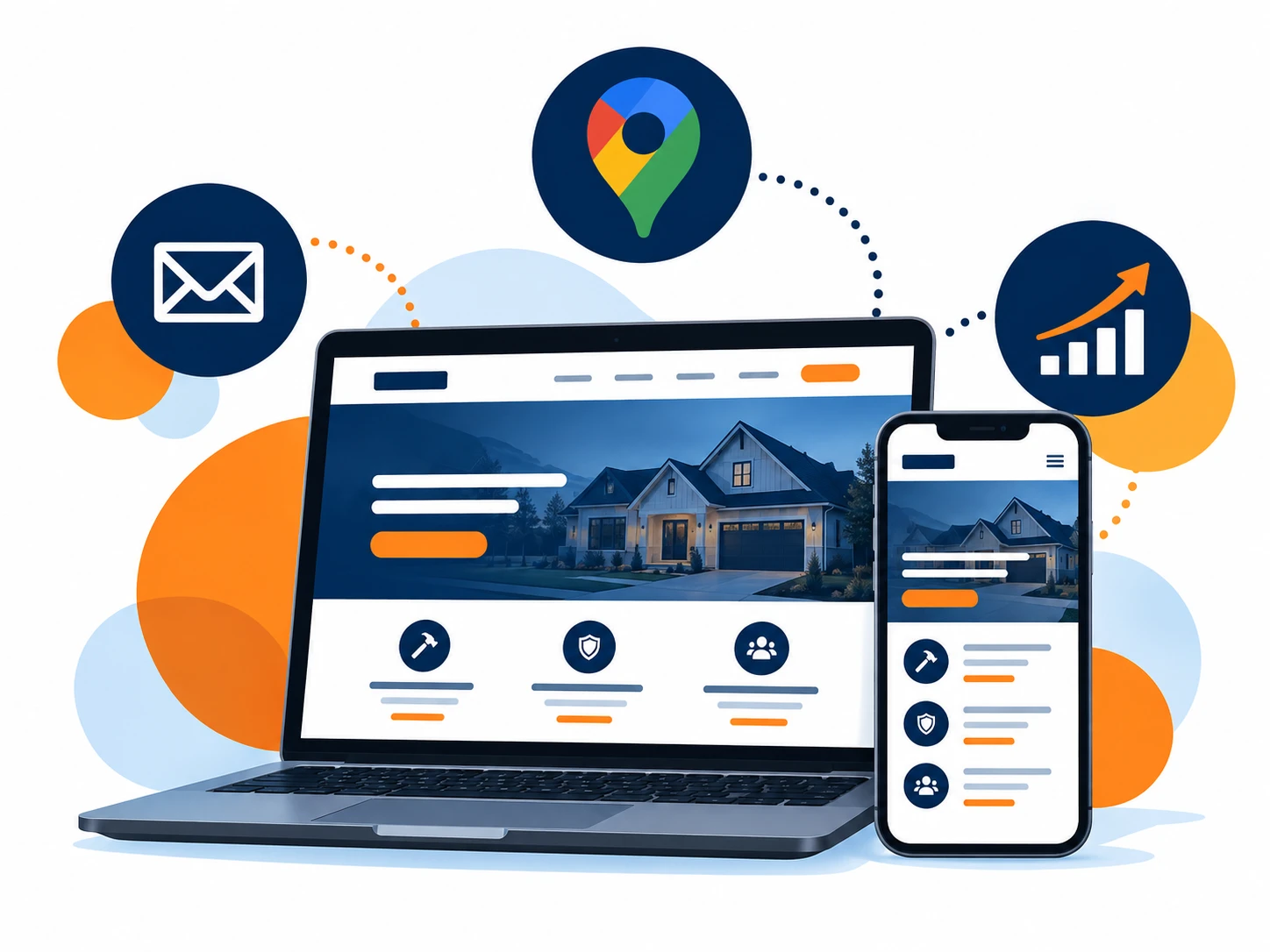 Laptop and phone showing a sample small-business website, with icons for Google Maps, email and analytics